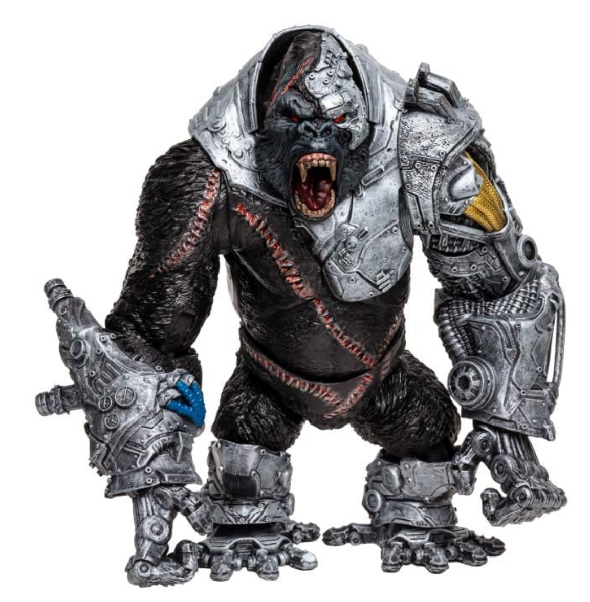 Toy figure of Cy-Gor with metallic armor on a white background