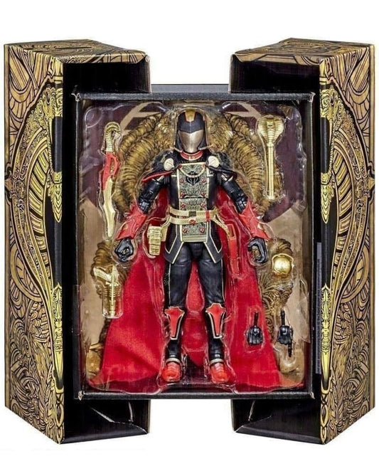 Action figure in ornate packaging with gold and black details. G.I. Joe