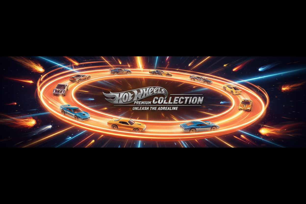 ie-cast cars on a dramatic orange track with speed lines and motion blur on a dark background