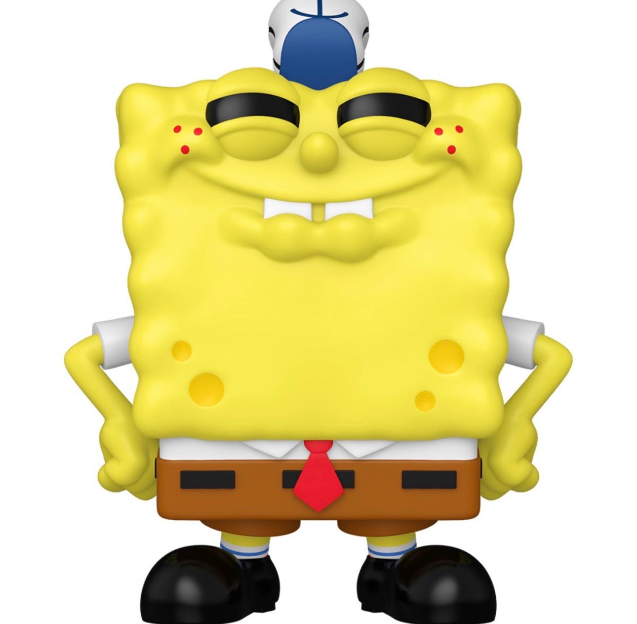 Yellow sponge character with a blue cap on a white background