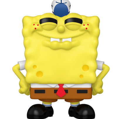 Yellow sponge character with a blue cap on a white background