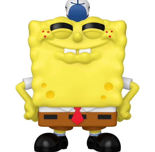 Yellow sponge character with a blue cap on a white background