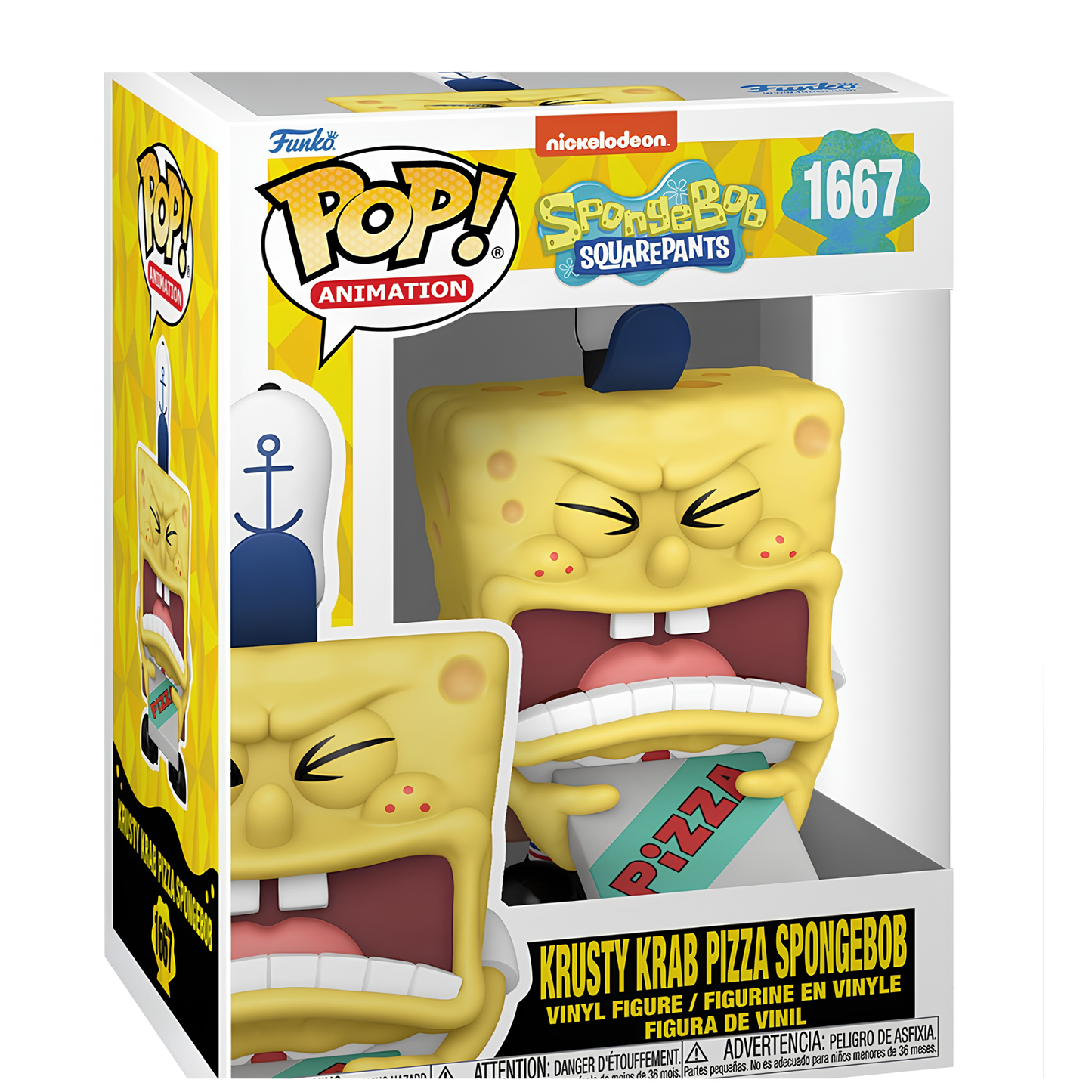 Funko Pop! Animation packaging featuring SpongeBob SquarePants with Krusty Krab Pizza design.