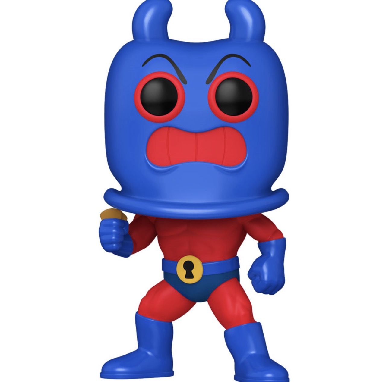 Blue and red Man Ray character figurine with a surprised expression on a white background