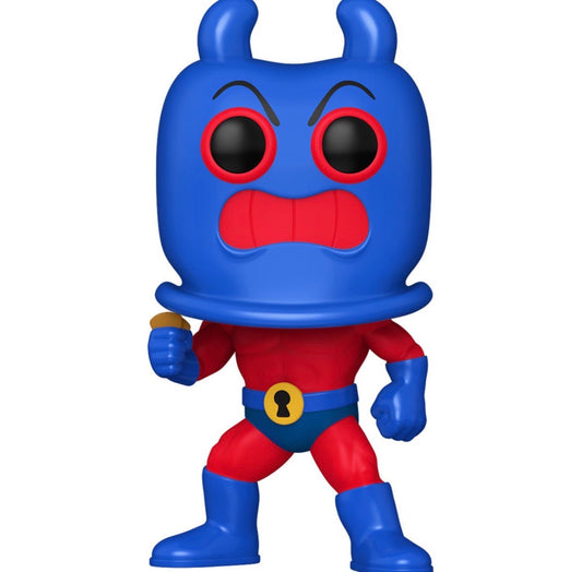 Blue and red Man Ray character figurine with a surprised expression on a white background