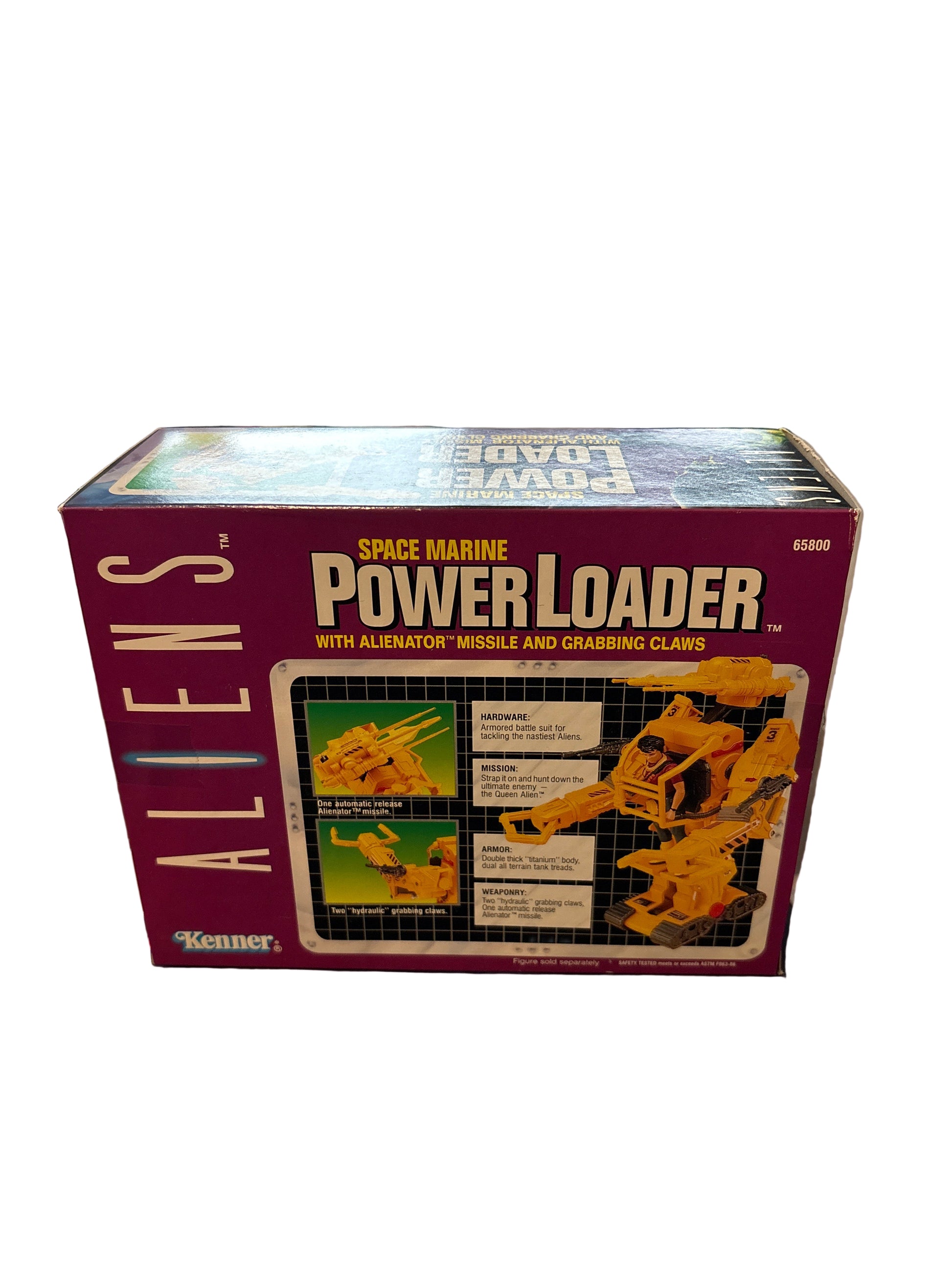 Space Marine Power Loader toy box for 'Aliens' with colorful graphics on a blurred background