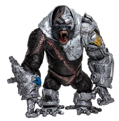 Toy figure of Cy-Gor with metallic armor on a white background