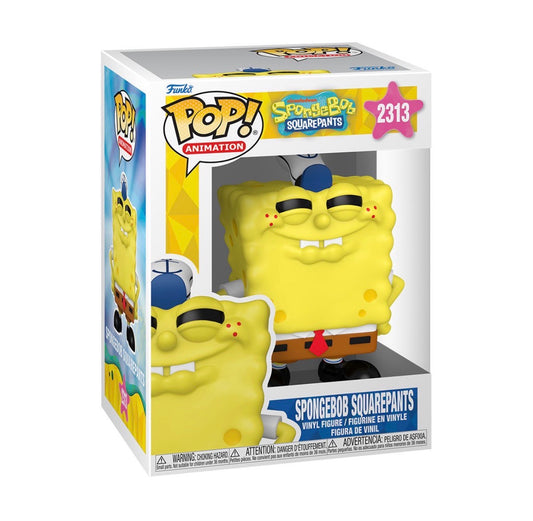 Funko Pop! vinyl figure packaging of SpongeBob SquarePants with branding and product details.