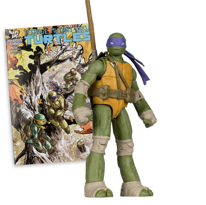 Teenage Mutant Ninja Turtles action figure of Donatello with comic book in the background