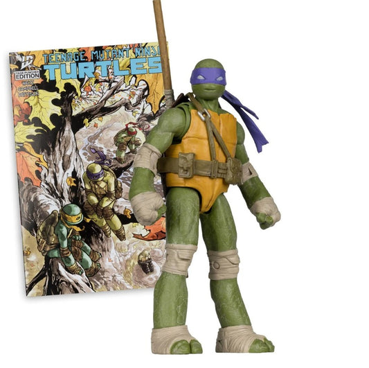 Teenage Mutant Ninja Turtles action figure of Donatello with comic book in the background