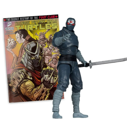 Action figure of a character from Teenage Mutant Ninja Turtles with a comic book in the background