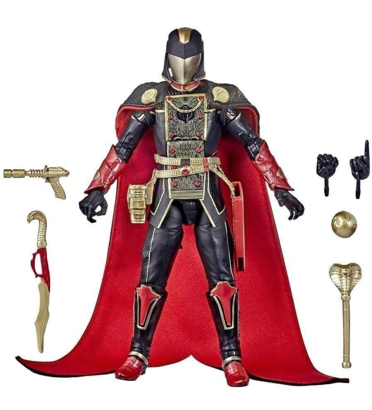 Action figure with red cape and accessories on a white background