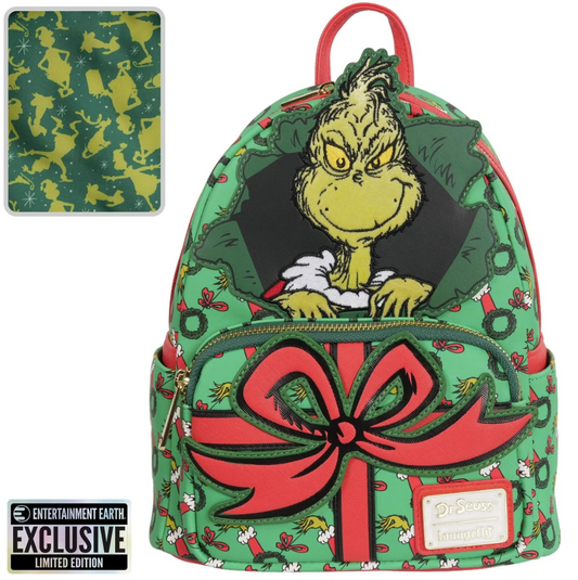 Backpack with Grinch design featuring a large red bow, green background, and Entertainment Earth logo.