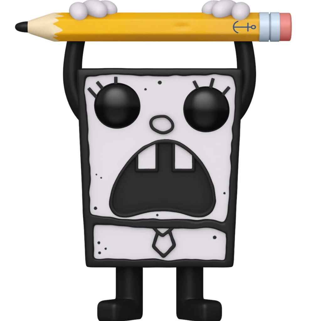 Animated character with a pencil on its head against a white background