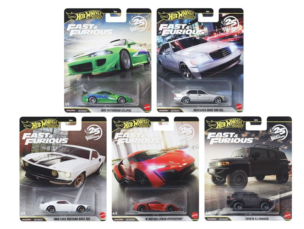 Collection of Hot Wheels Fast & Furious model car packages on a white background