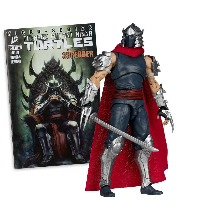 Action figure of Shredder from Teenage Mutant Ninja Turtles series with packaging in the background