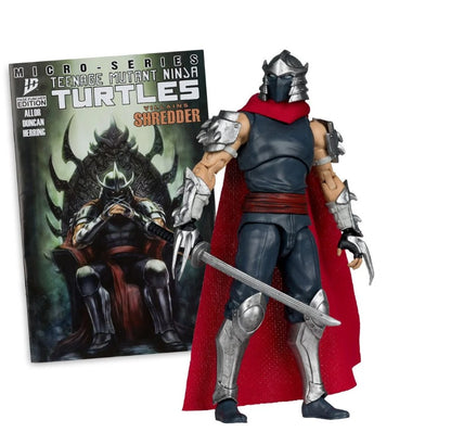 Action figure of Shredder from Teenage Mutant Ninja Turtles series with packaging in the background